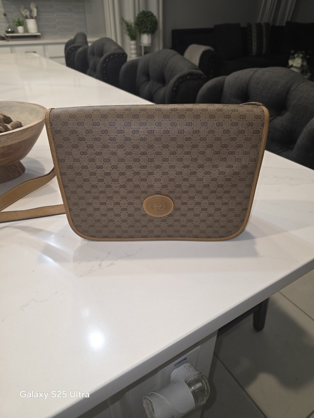 Gucci Beige Monogram Crossbody Bag with Tan Trim